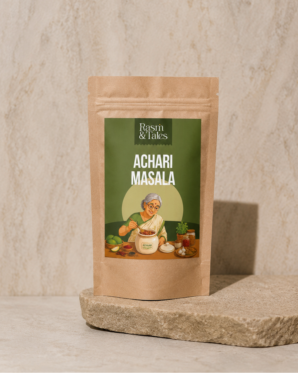 Packaged food item labeled 'Achari Masala' on a stone surface with a neutral background