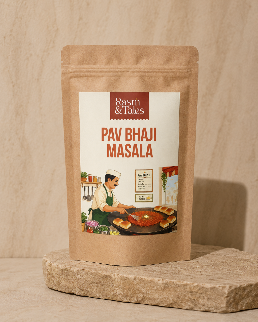 Pav Bhaji Masala packaging on a wooden background