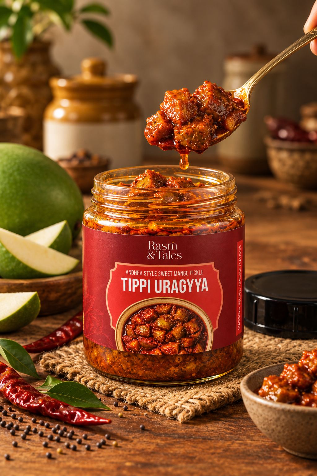 Andhra Style Sweet Mango Pickle (Tippi Uragaya)